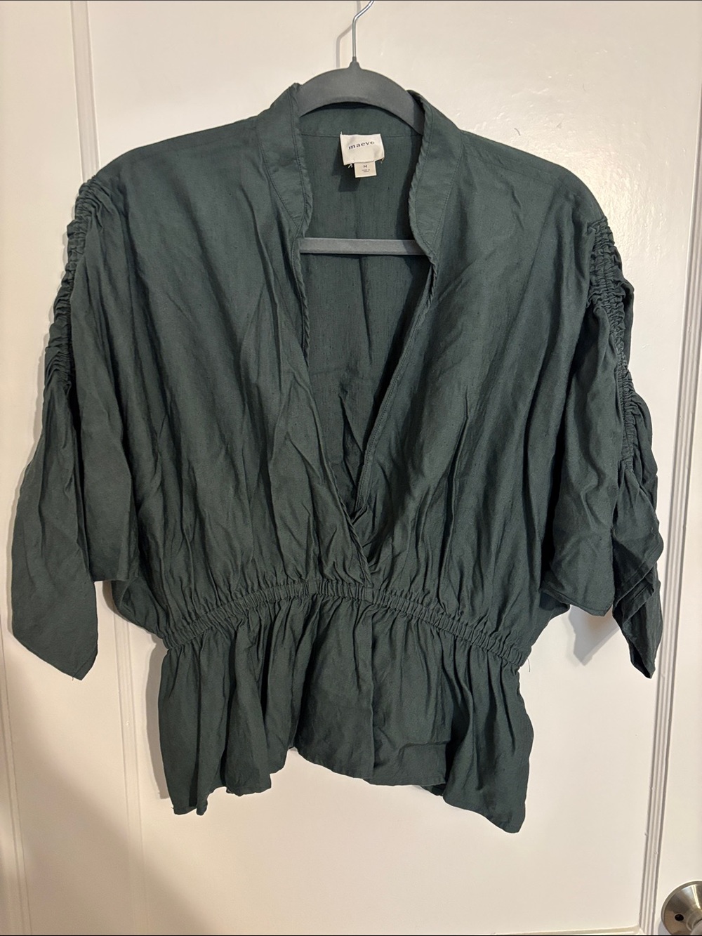 Maeve Dark Green V-Neck Gathered Waist Blouse